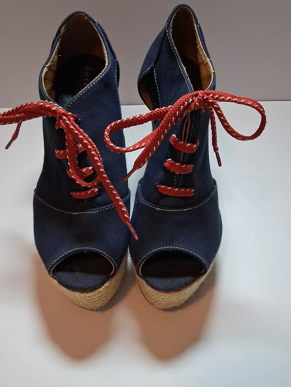 Bettye Muller Women's Navy Peep-Toe Lace-Up Wedge Heels with Red Laces